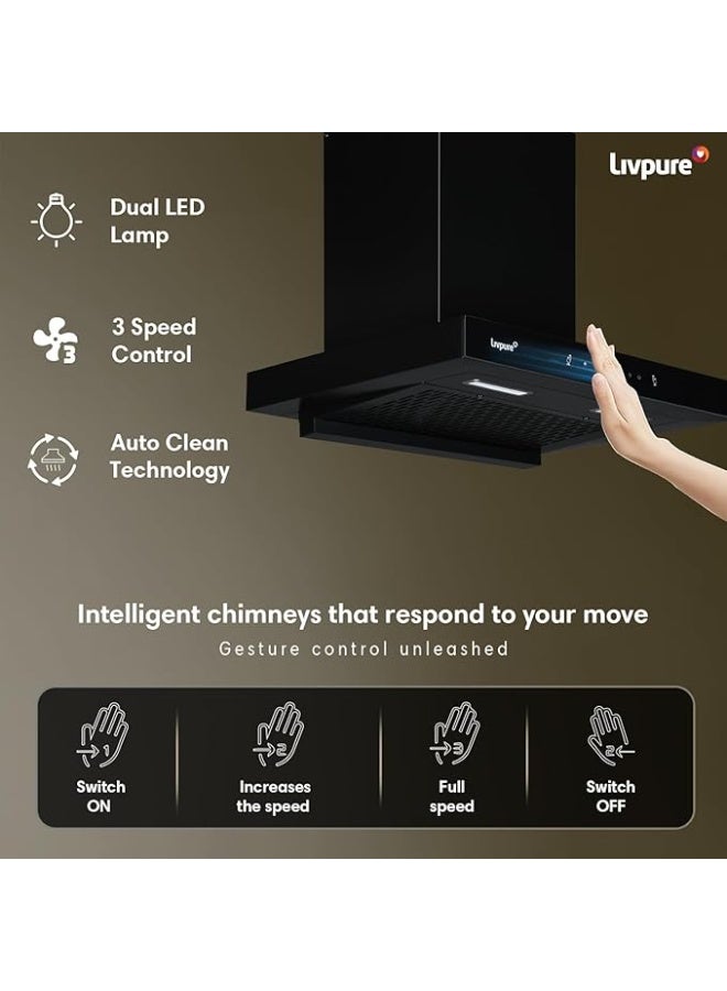 Livpure مِدخنة مطبخ ليفبيور فينيكس 60 سم بدون فلتر – قدرة شفط 1400 م³/ساعة، تحكم باللمس والحركة، إضاءة LED - Image 4